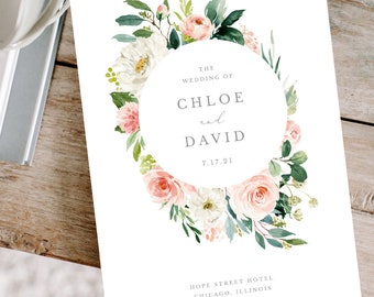 Wedding Program Folded, Blush Floral Wedding Program Printable Template, Editable Wedding Program, TEMPLETT, Chloe