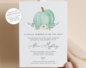 Gender Neutral Baby Shower Invitation Template, Printable A Little Pumpkin Is On The Way Green Fall Baby Shower Invitation