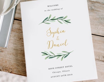 Folded Wedding Program Template, Greenery Wedding Program Template, Printable Wedding Program Template, EDIT in TEMPLETT, Sophia