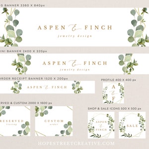 Etsy Shop Banner Set, Greenery and Gold Geometric Etsy DIY Branding Kit, Editable Instant Download 020 image 2