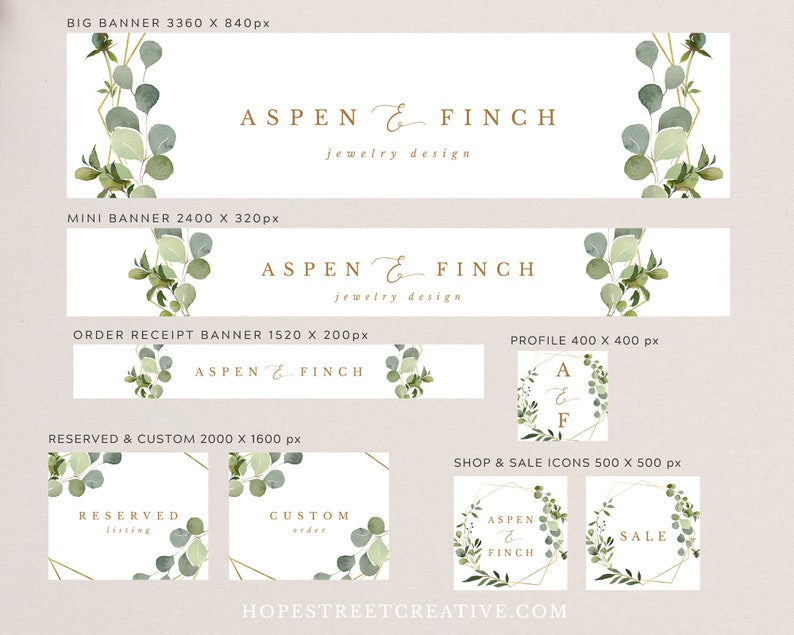 Etsy Shop Banner Set, Greenery and Gold Geometric Etsy DIY Branding Kit, Editable Instant Download 020 image 2