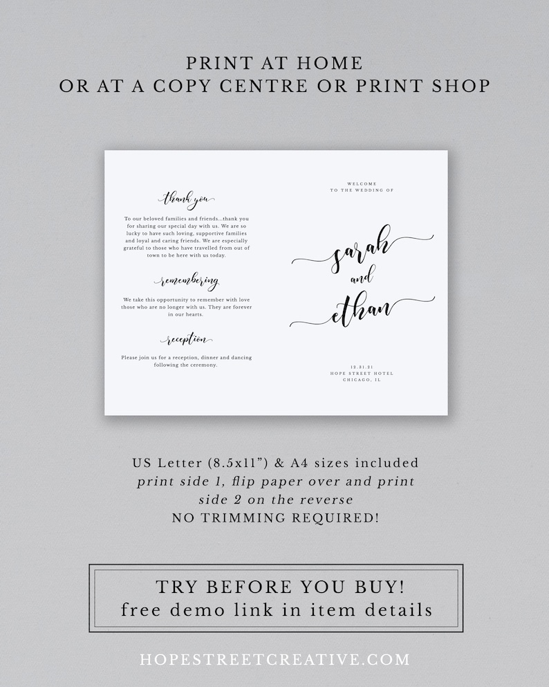 Folded Wedding Program Template Printable Modern Calligraphy Font Wedding Ceremony Card Order of Service Editable Instant Download #024