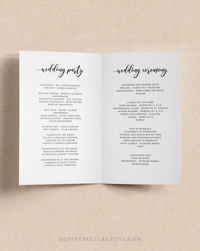 Folded Wedding Program Template Printable Modern Calligraphy Font Wedding Ceremony Card Order of Service Editable Instant Download #024