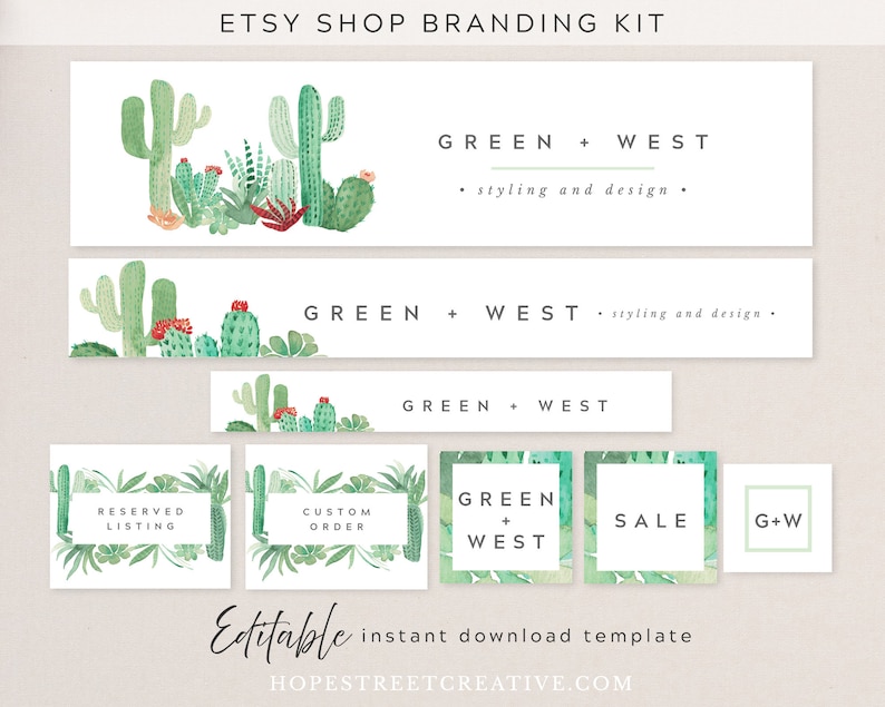 Cactus Etsy Shop Banner Set Watercolor Succulent Greenery DIY Etsy Branding Kit Editable Instant Download #048