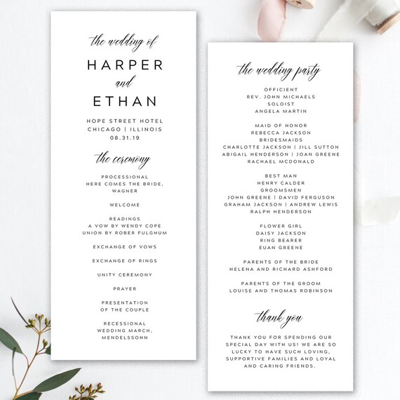 Black And White Wedding Program Printable Wedding Program Etsy