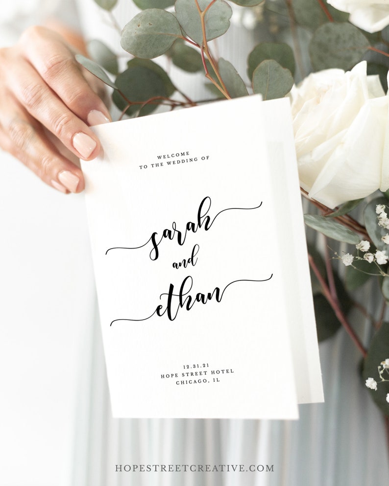 Folded Wedding Program Template Printable Modern Calligraphy Font Wedding Ceremony Card Order of Service Editable Instant Download #024