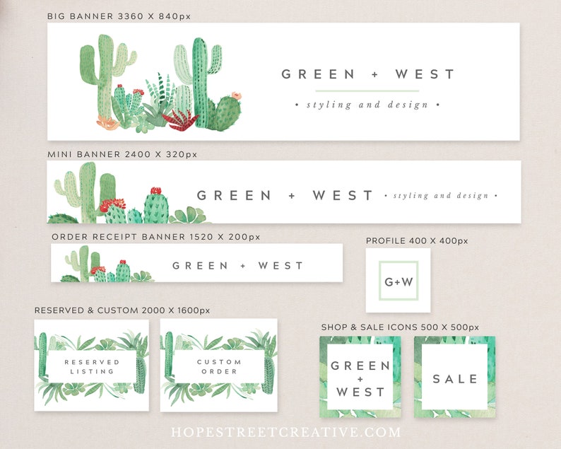 Cactus Etsy Shop Banner Set Watercolor Succulent Greenery DIY Etsy Branding Kit Editable Instant Download #048