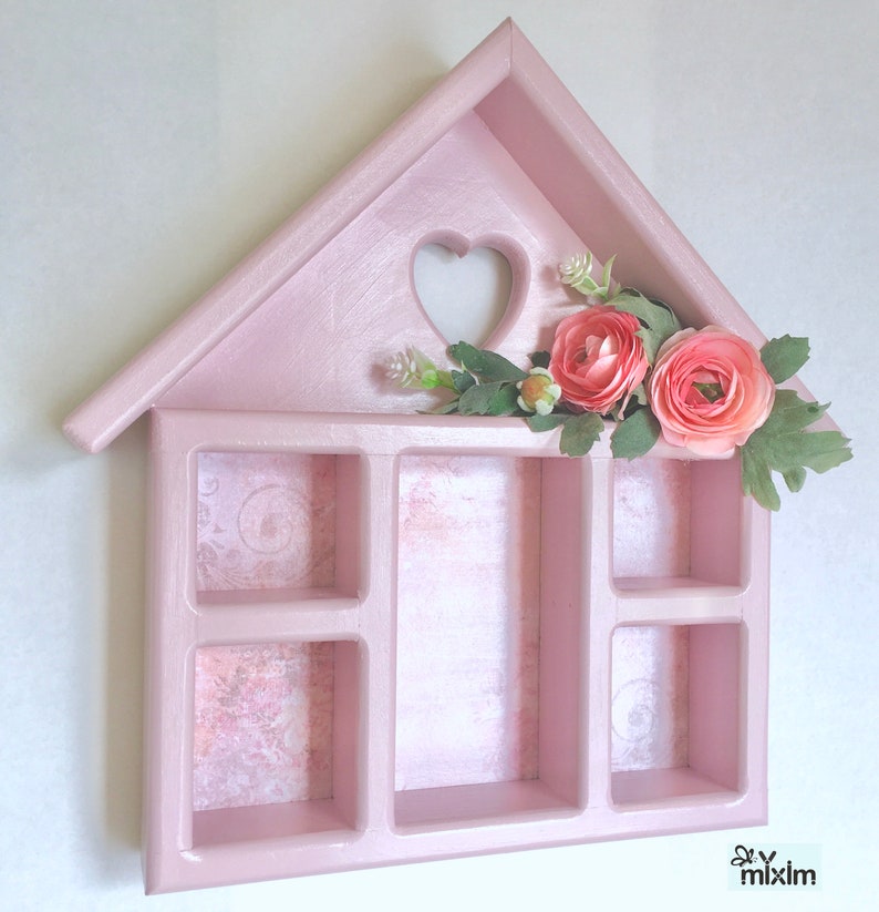 Strawberry pink shelf, heart-shaped cutout girls room pink hanging shelf, pink display box, pink house-shaped shelf, pink wooden shelf image 3