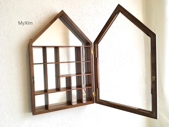 Vintage Shadow Box Mirrored Shadow Box With Glass Door Display Cabinet Shadow Box Rustic Shadow Box Wood Shadow Box House Shaped Box