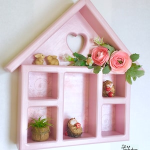 Strawberry pink shelf, heart-shaped cutout girls room pink hanging shelf, pink display box, pink house-shaped shelf, pink wooden shelf image 6