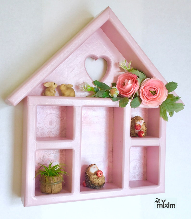 Strawberry pink shelf, heart-shaped cutout girls room pink hanging shelf, pink display box, pink house-shaped shelf, pink wooden shelf image 6