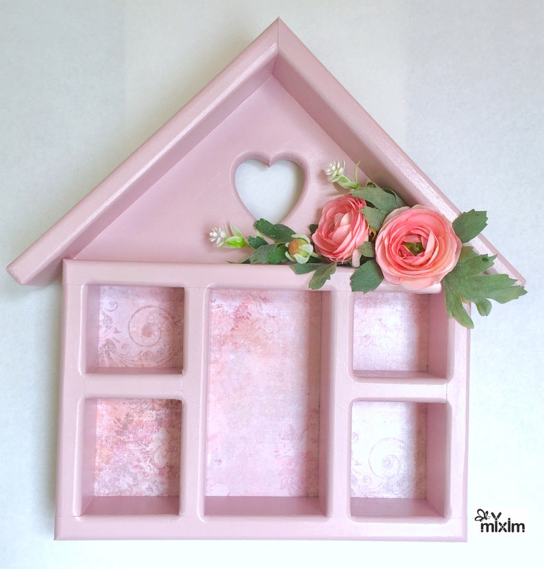 Strawberry pink shelf, heart-shaped cutout girls room pink hanging shelf, pink display box, pink house-shaped shelf, pink wooden shelf image 2