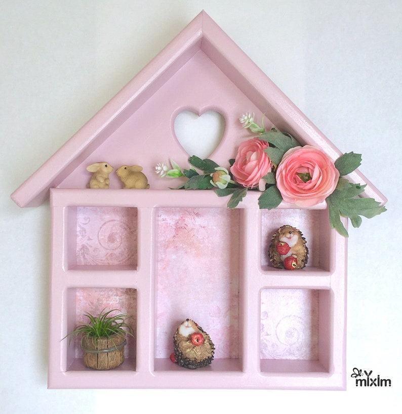 Strawberry pink shelf, heart-shaped cutout girls room pink hanging shelf, pink display box, pink house-shaped shelf, pink wooden shelf image 1