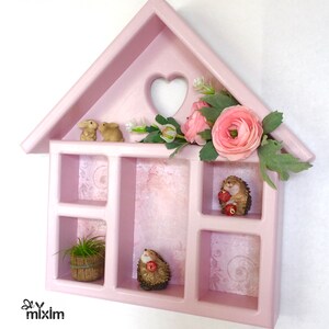 Strawberry pink shelf, heart-shaped cutout girls room pink hanging shelf, pink display box, pink house-shaped shelf, pink wooden shelf image 5