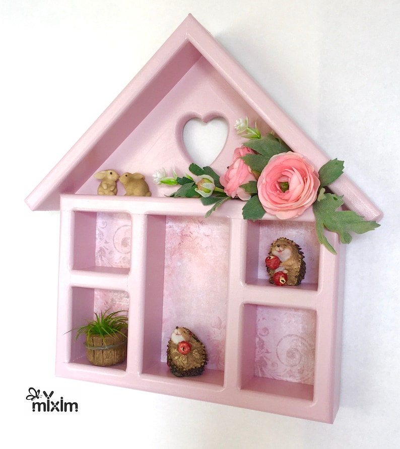 Strawberry pink shelf, heart-shaped cutout girls room pink hanging shelf, pink display box, pink house-shaped shelf, pink wooden shelf image 5