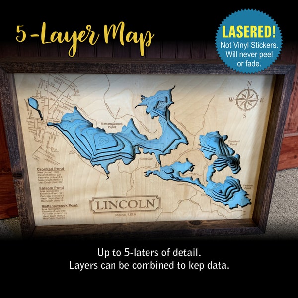 Wooden Lake Maps - 3D Lake Map - Impressive Solid Wood Map