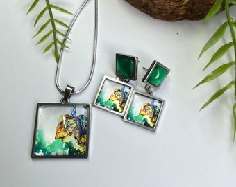 Turtle Photo Earrings, Square Cabochon Jewellery Set, Wearable Art Accessories, Earrings And Necklace for Turtle Lovers, Caribbean Inspired