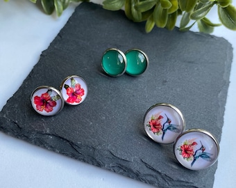 Triple Stud Pack Earrings, Garden Inspired Earring Gift Set, Floral Cabochon Jewellery, Hummingbird Earrings for Ladies, Present for Friend