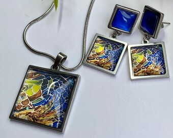 Turtle Photo Earrings, Square Cabochon Jewellery Set, Wearable Art Accessories, Earrings And Necklace for Turtle Lovers, Caribbean Inspired