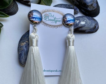 White Cotton Tassel  Earrings, Photo Cabochon Beach Earrings, Christmas Holiday Accessories, Beach Jewellery, Christmas Present For Ladies