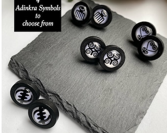 Round Adinkra Symbol Earrings, Wooden Studs African Earrings, Ethnic Jewelry for Ladies, Black Stud Pack Earrings