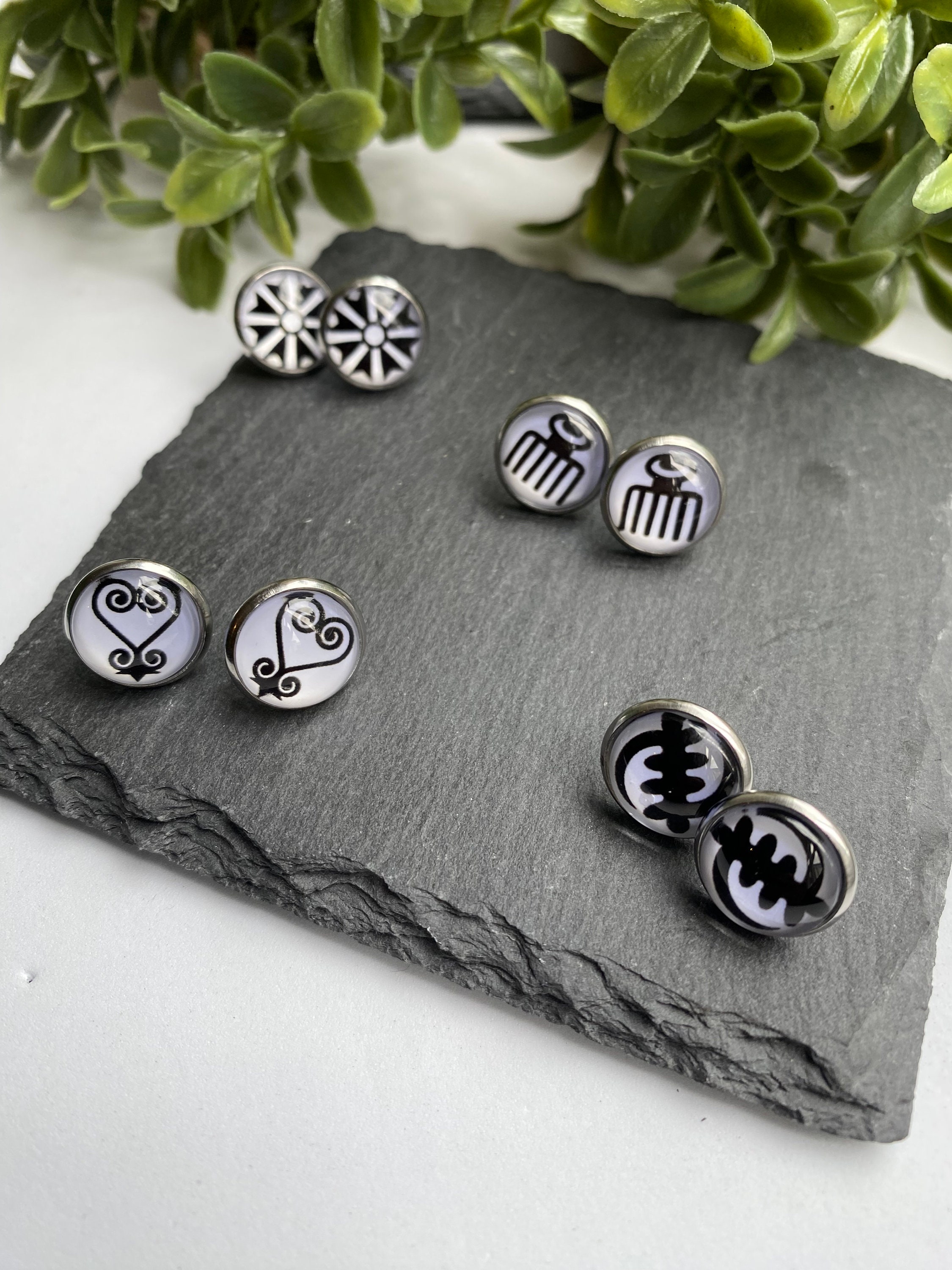 Adinkra Symbol Stud Earrings, African Culture Earrings, Stainless Steel Cabochon Stud Packs, Ethnic Jewellery