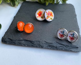 Floral Garden Earring Set, Three Pack Tropical Gift Jewelry, Spring Floral Earrings, Hummingbird Stud Earrings, Earring Gift for Her