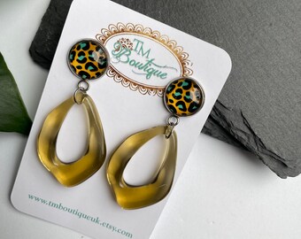 Leopard Print Cabochon Earrings, Yellow Geometric Drop Earrings, Acrylic Pushback Earrings for Pierced Ears, Summer Earrings for Ladies