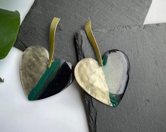 Heart Shaped Statement Earrings, Green Grey Black Heart Earrings for Ladies, Unique Valentines Jewelry for Loved One, Large Dangle Earrings