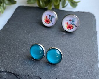 Hummingbird Cabochon Earring Set, Beach Holiday Stud Pack earrings, Double Stud Pack Earrings Set, Colourful Jewelry Gift set for Ladies