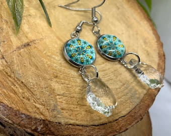 Mandala and Crystal Charm Drop earrings, Mothers Day Glass Cabochon Earrings, Boho Style Accessories for Girlfriend, Ready to Ship