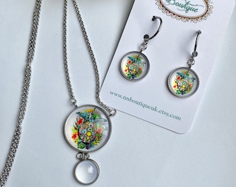 Turtle Earring Necklace Set, Adjustable Necklace, Beach Inspired Photo Jewelry, Turtle Photo Cabochon Set, Cruise Ship Holiday Jewelry