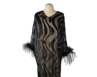 Vintage Valentino Feather Accent Nightgown Large Hollywood Glam Burnout Detail