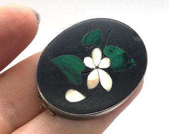 Antique Victorian Brooch with Black stone & Pietra Dura flower in 925 Sterling Silver