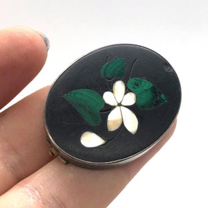 Antique Floral Brooch with Black stone & Pietra Dura in 925 Sterling Silver