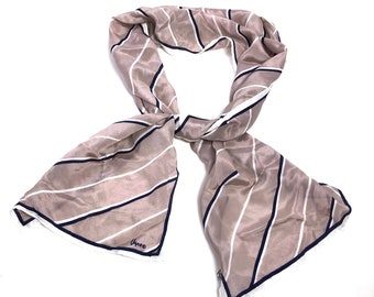 Vera Stripe Silk Scarf in Taupe Navy Blue & Ivory Long Neck Scarf Hair