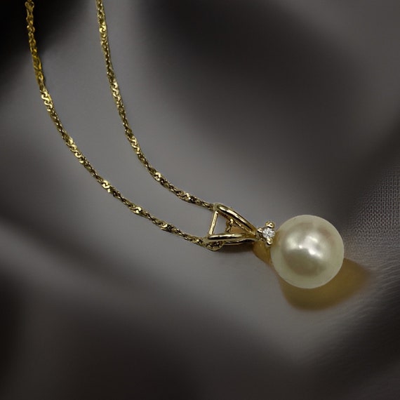 14k Gold Cultured Pearl Diamond Necklace 20” Gift… - image 1