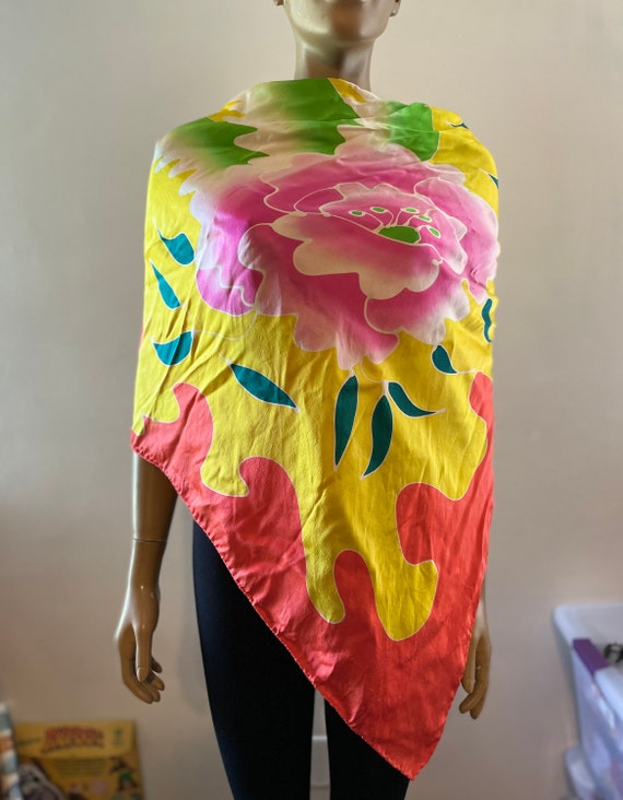 Oversized Floral Silk Scarf Orange Yellow Pink Gr… - image 5