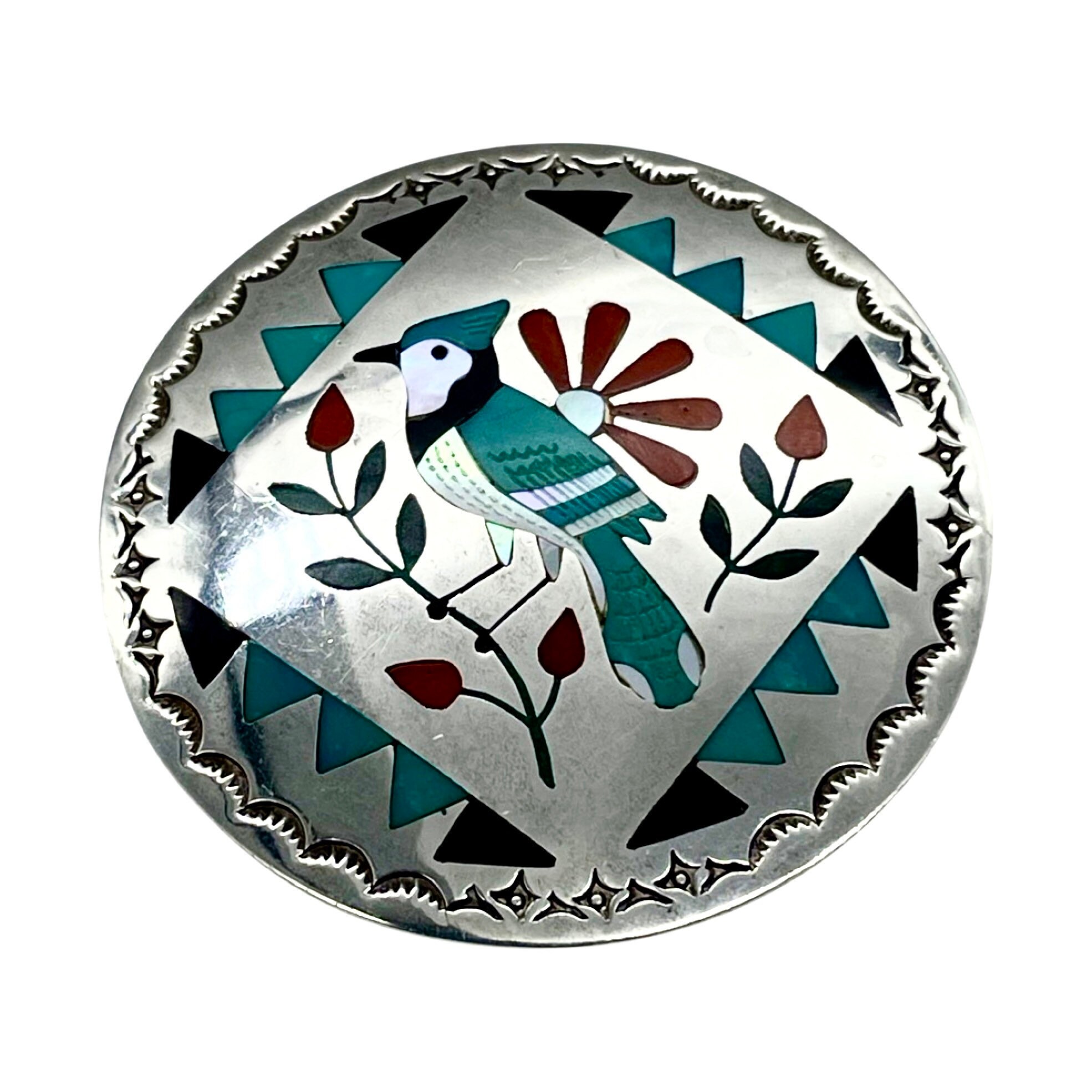 Zuni Inlay Bird Necklace Pendant Blue Jay by S & E Guardian in 
