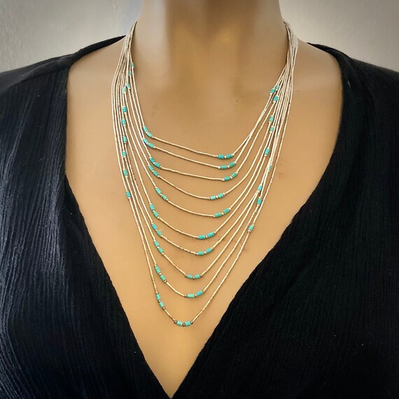 Turquoise Liquid Silver Heishi Statement Necklace… - image 9