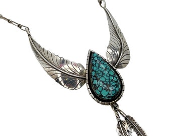 Navajo Spiderweb Turquoise Necklace w/ Sterling Silver Feathers Signed Vintage Native American Southwestern Jewelry