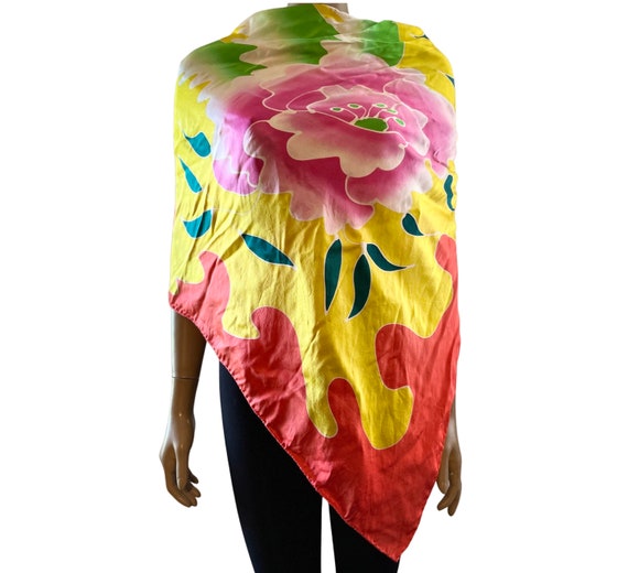 Oversized Floral Silk Scarf Orange Yellow Pink Gr… - image 1