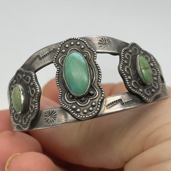 Harvey Turquoise Cuff Bracelet Sterling Silver w/… - image 9