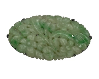 Antique Carved Jade Brooch Sterling Silver Art Nouveau Jadeite Chinese Export