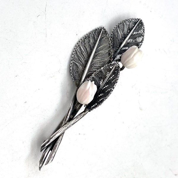 Victorian Sterling Silver Rose Brooch Flower Pin Botanical Antique Cannetille Jewelry Floral