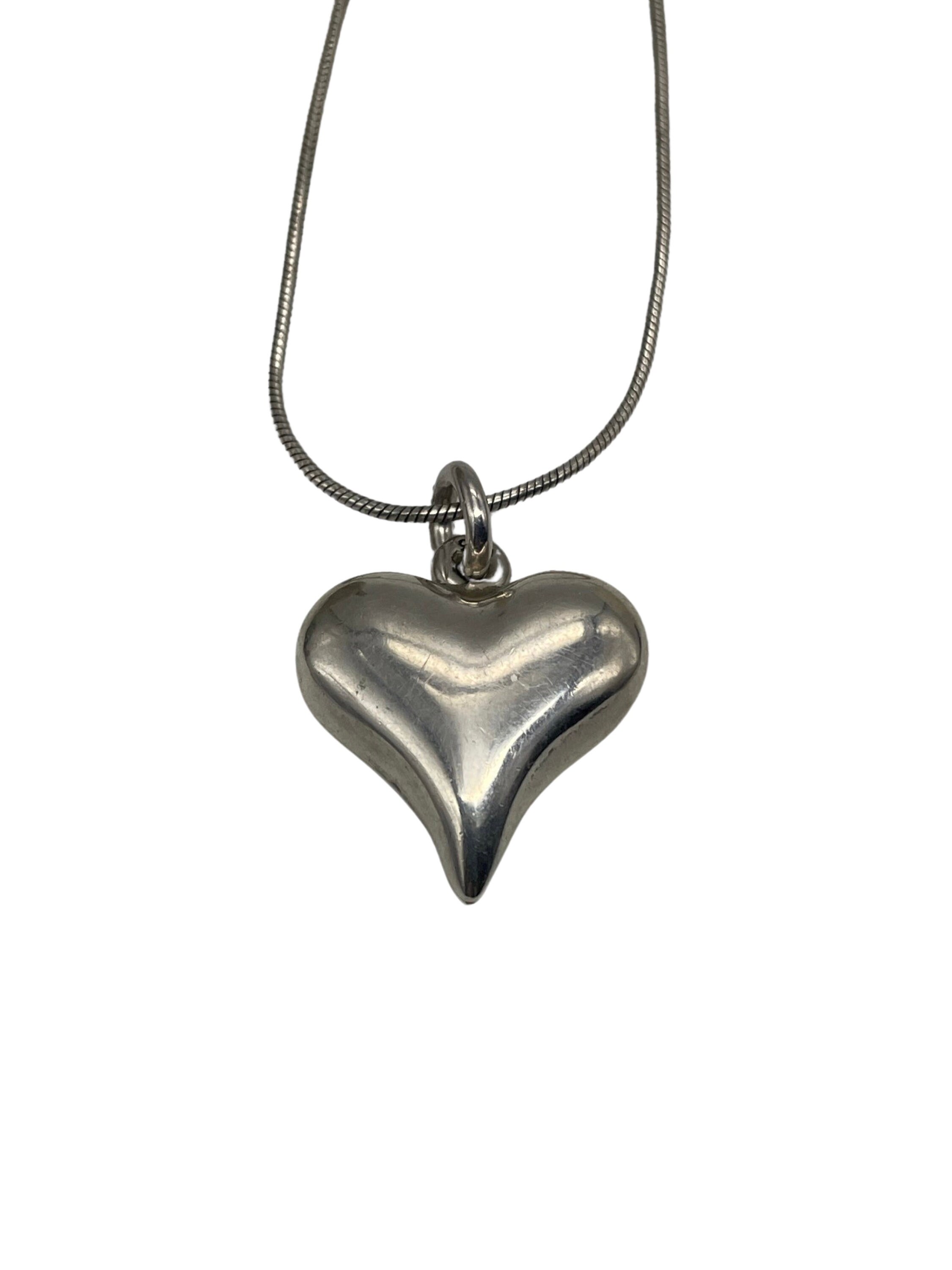 Solid Sterling Silver Puffy Heart Pendant Necklace 24” Snake