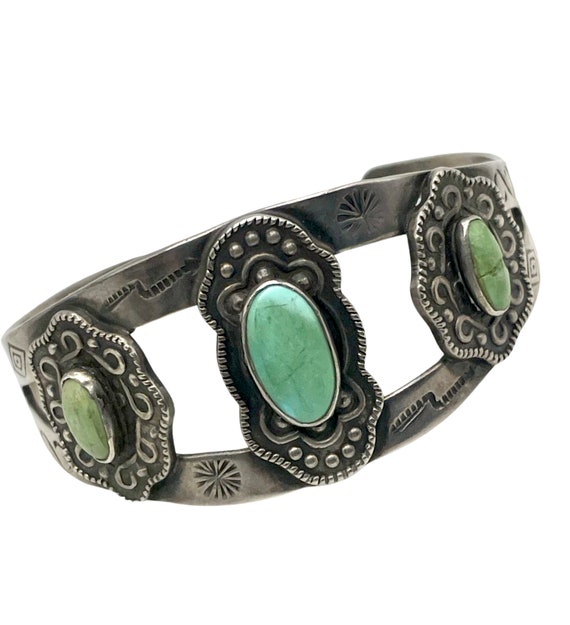 Harvey Turquoise Cuff Bracelet Sterling Silver w/… - image 1