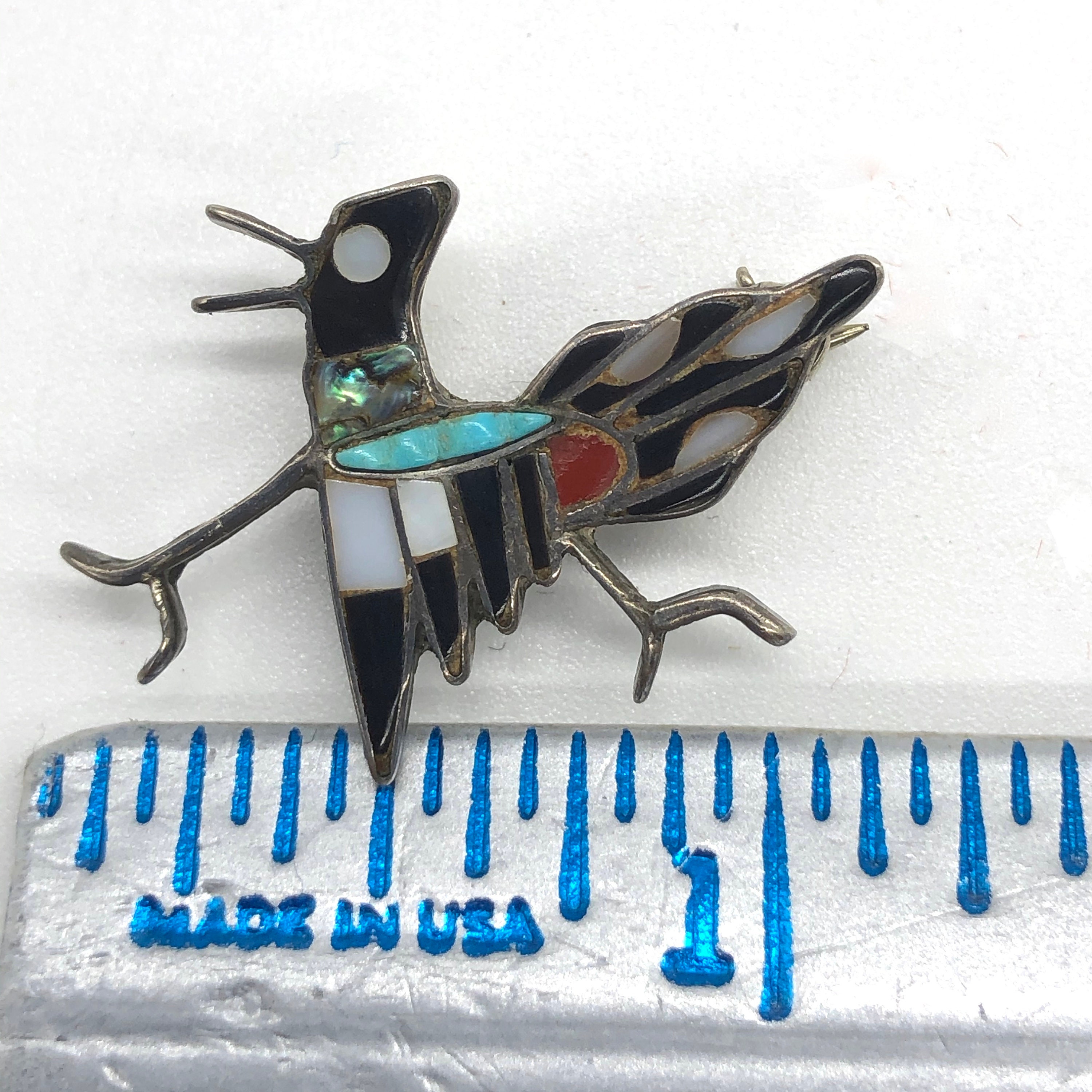 Zuni Roadrunner Pin Inlay Mosiac Sterling Silver Bird Brooch Etsy