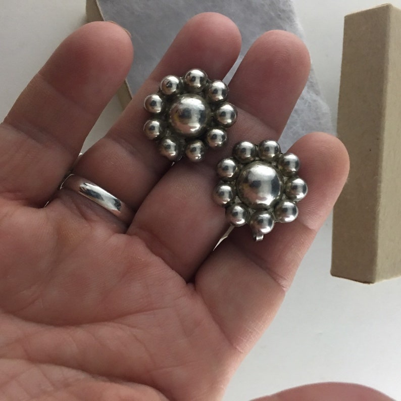 Sterling Silver Flower Earrings Unpierced Screwback Old Mexican Jewelry Vintage Boho Botanical
