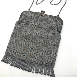 Art Deco Evening Bag w/ Fringe Silver Bead Blue Rhinestone Purse Doeskin Lining made in France